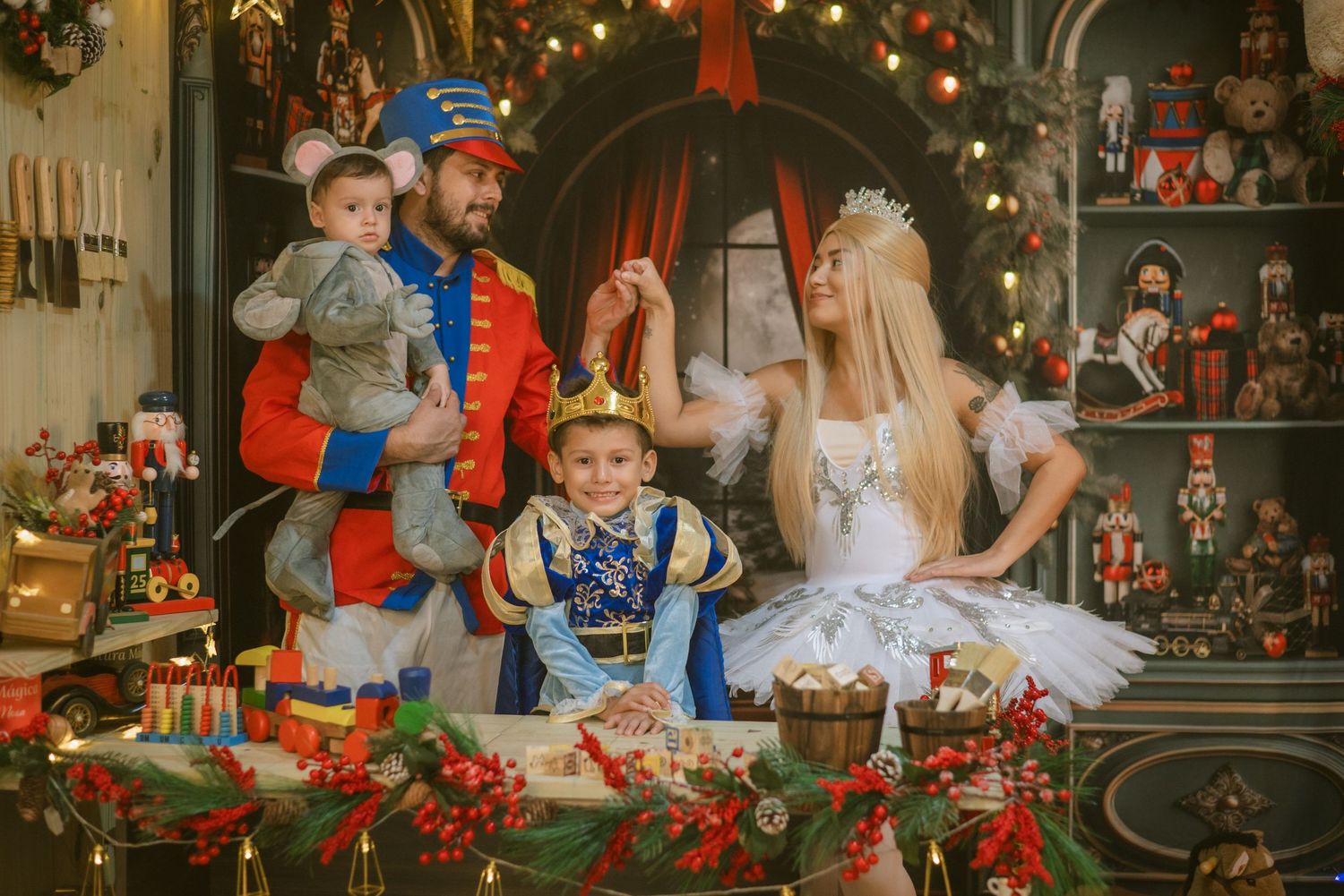 A festive Christmas scene with nutcracker decorations and twinkling lights in the background.