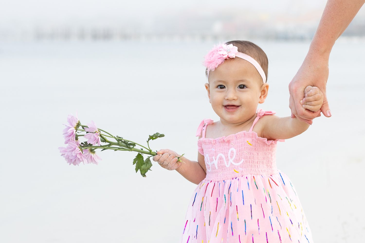 Baby girl holding a parent's hand and a flower on the beach