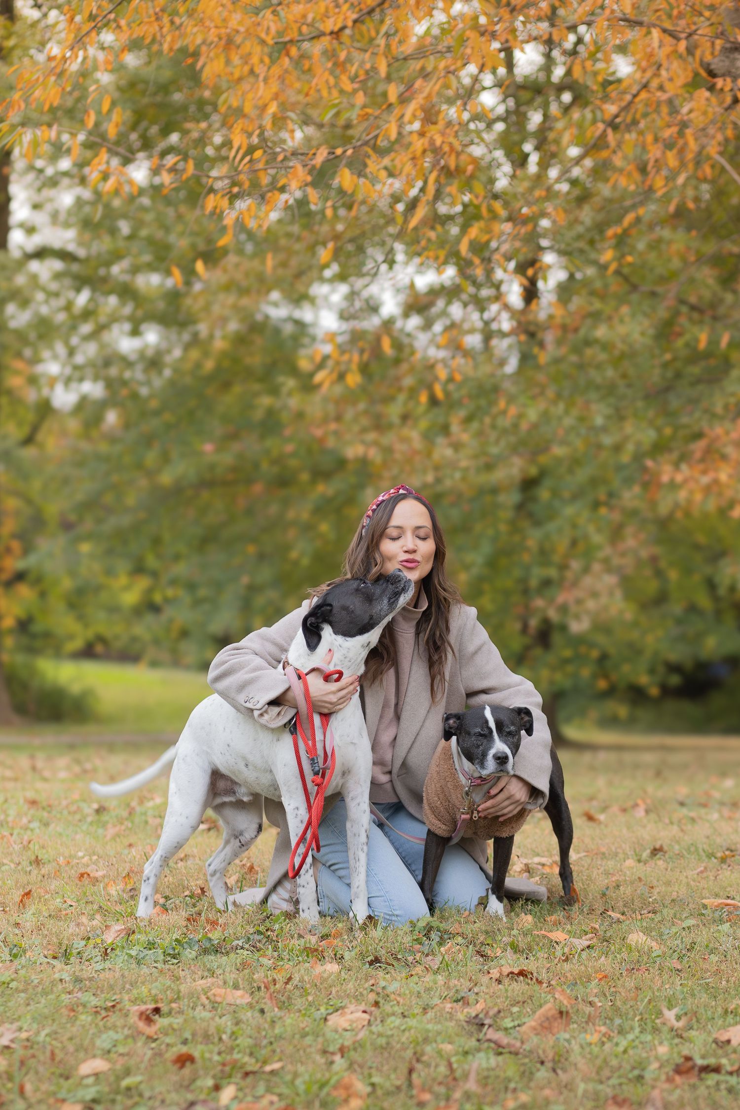 Woman kneeling between her two dogs in a park