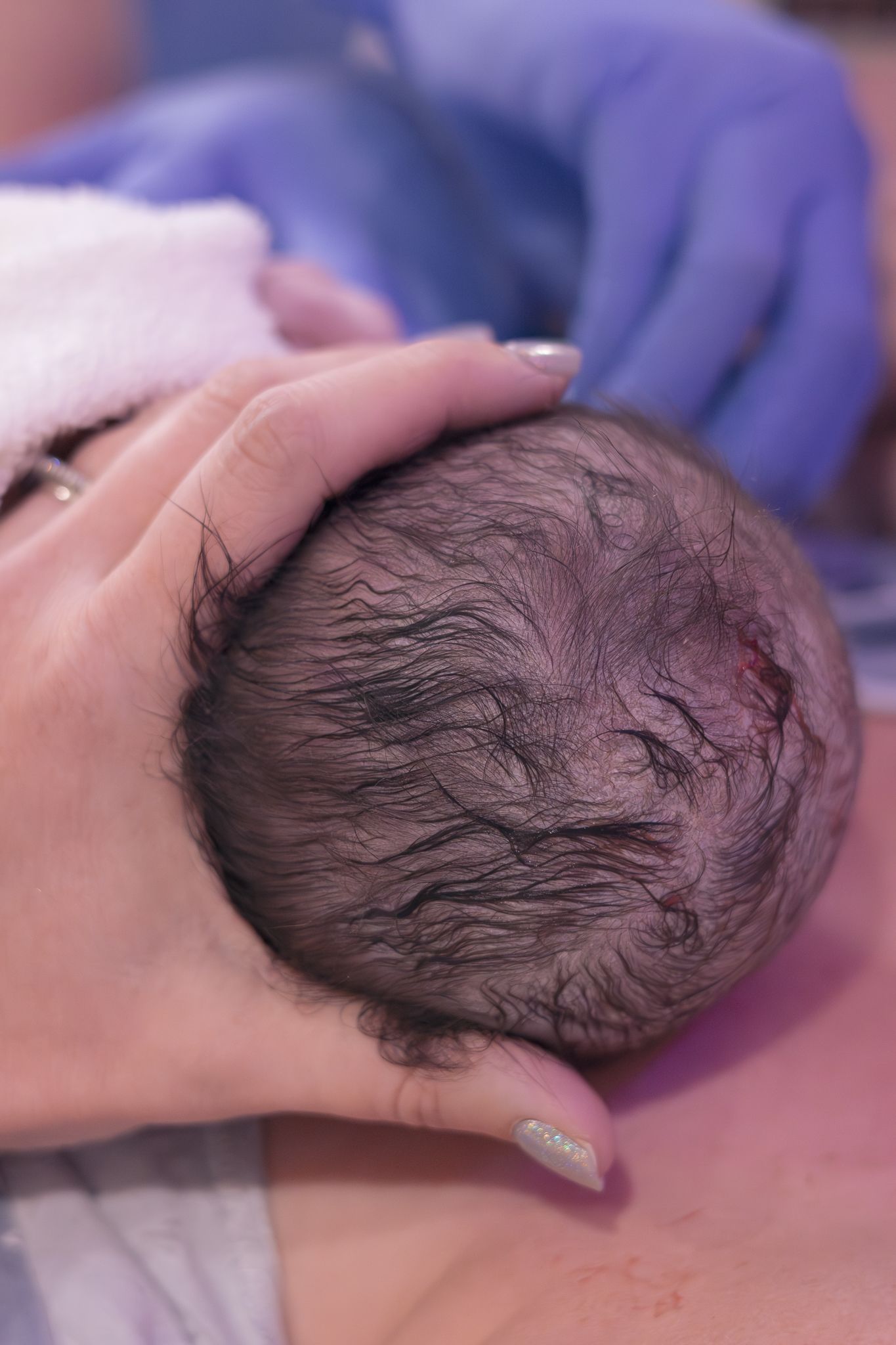 Parent's hand cradling a newborn's head after birth