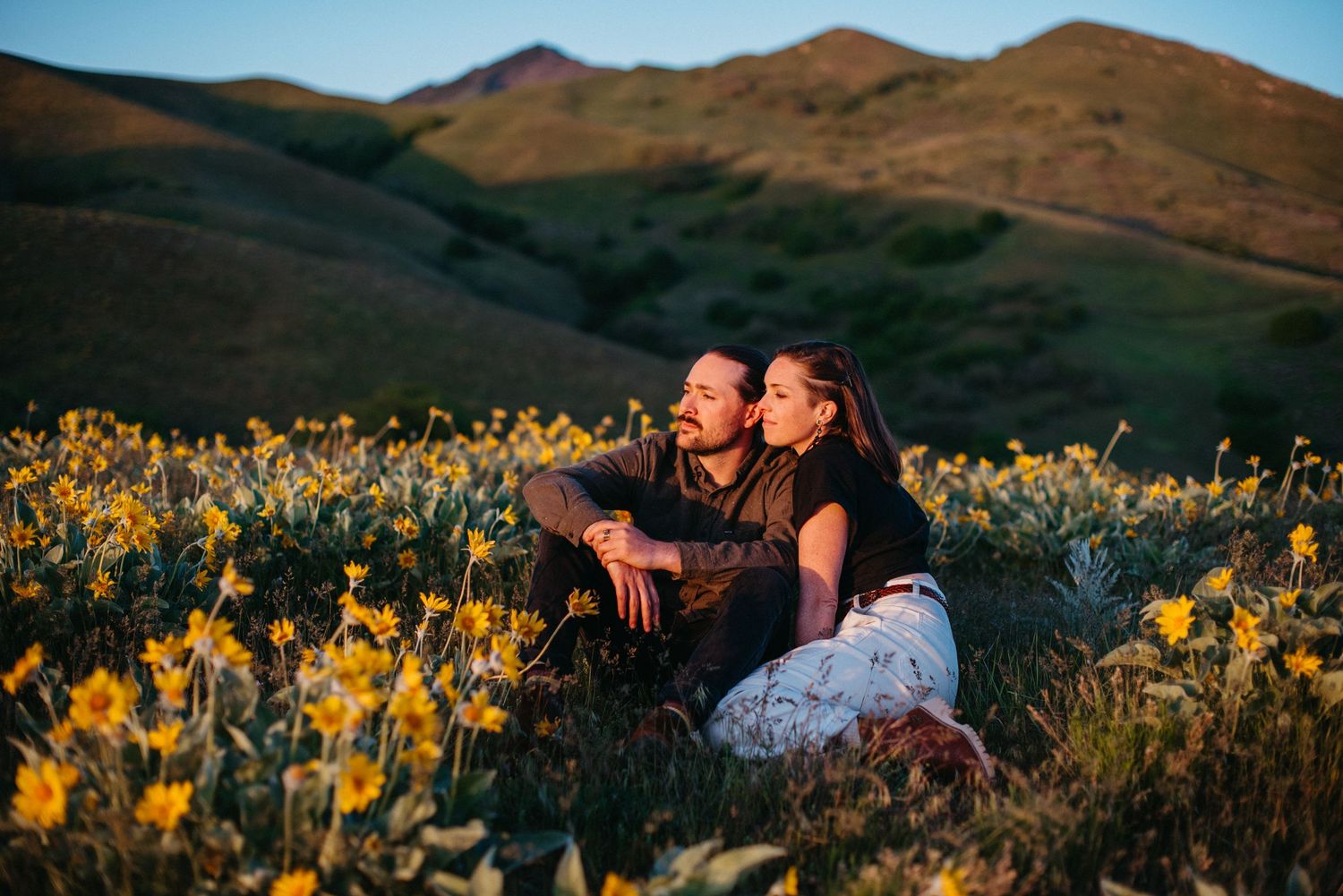 A couple sits together in a hillside meadow filled with yellow wildflowers at golden sunset.