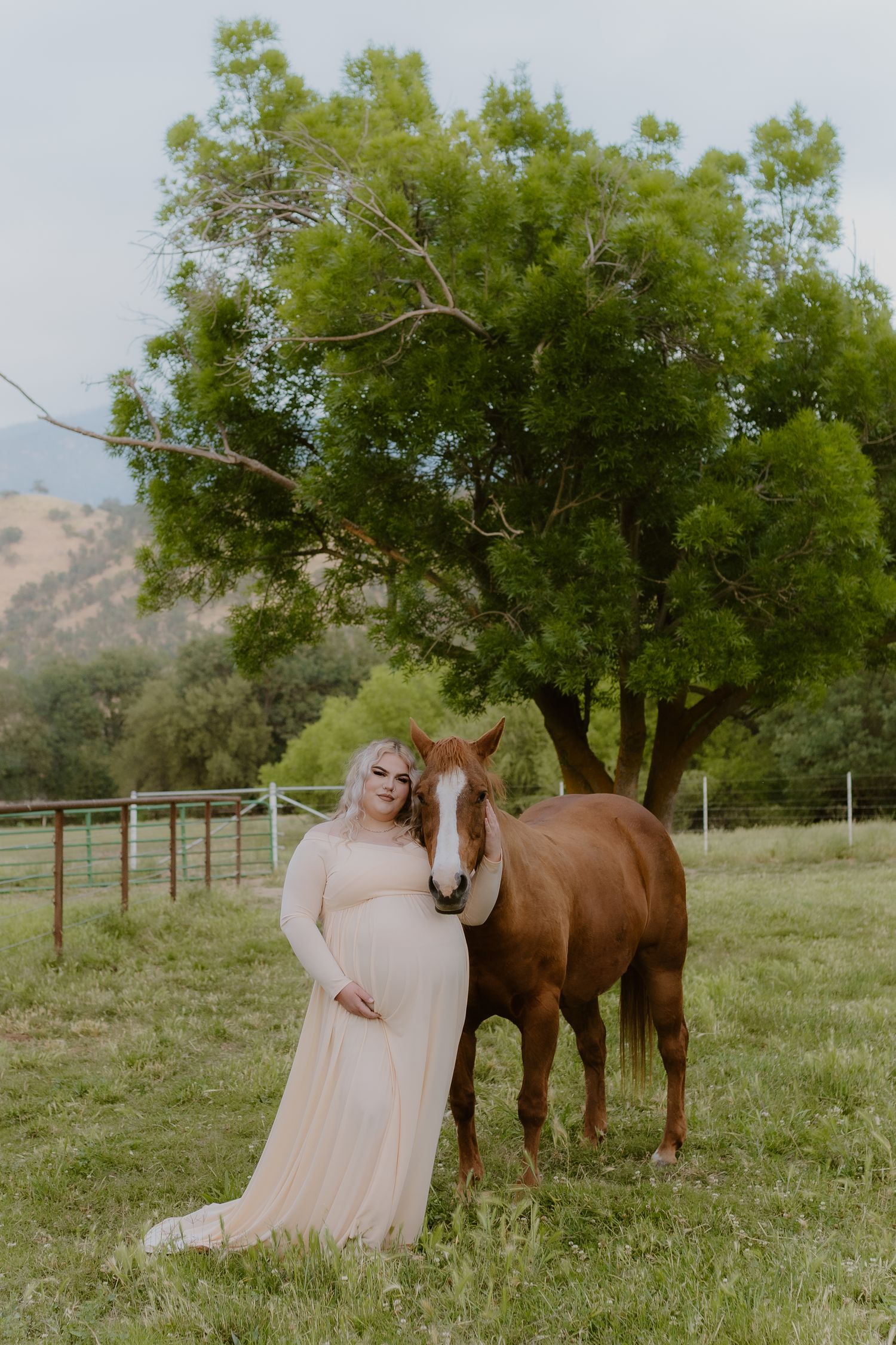 Pregnant woman in elegant cream gown standing beside a chestnut horse under a lush tree.