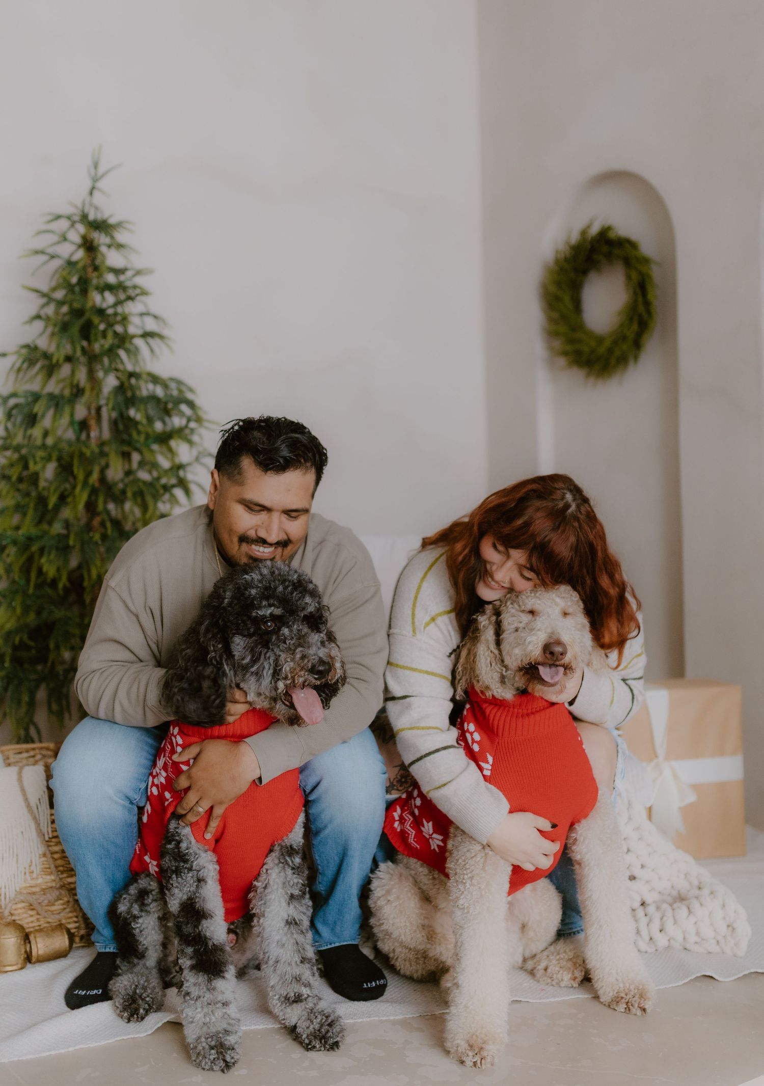 Smiling couple poses with two dogs in red sweaters in a festive Christmas holiday studio setting.