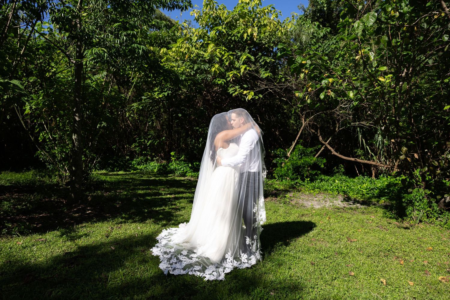 A bride and groom share a romantic kiss outdoors, framed by lush green trees, with her white gown and veil flowing gracefully.