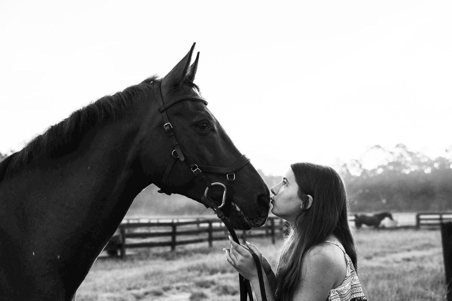 Black and white photo of a young woman kissing a dark horse on a farm with fencing in the background.