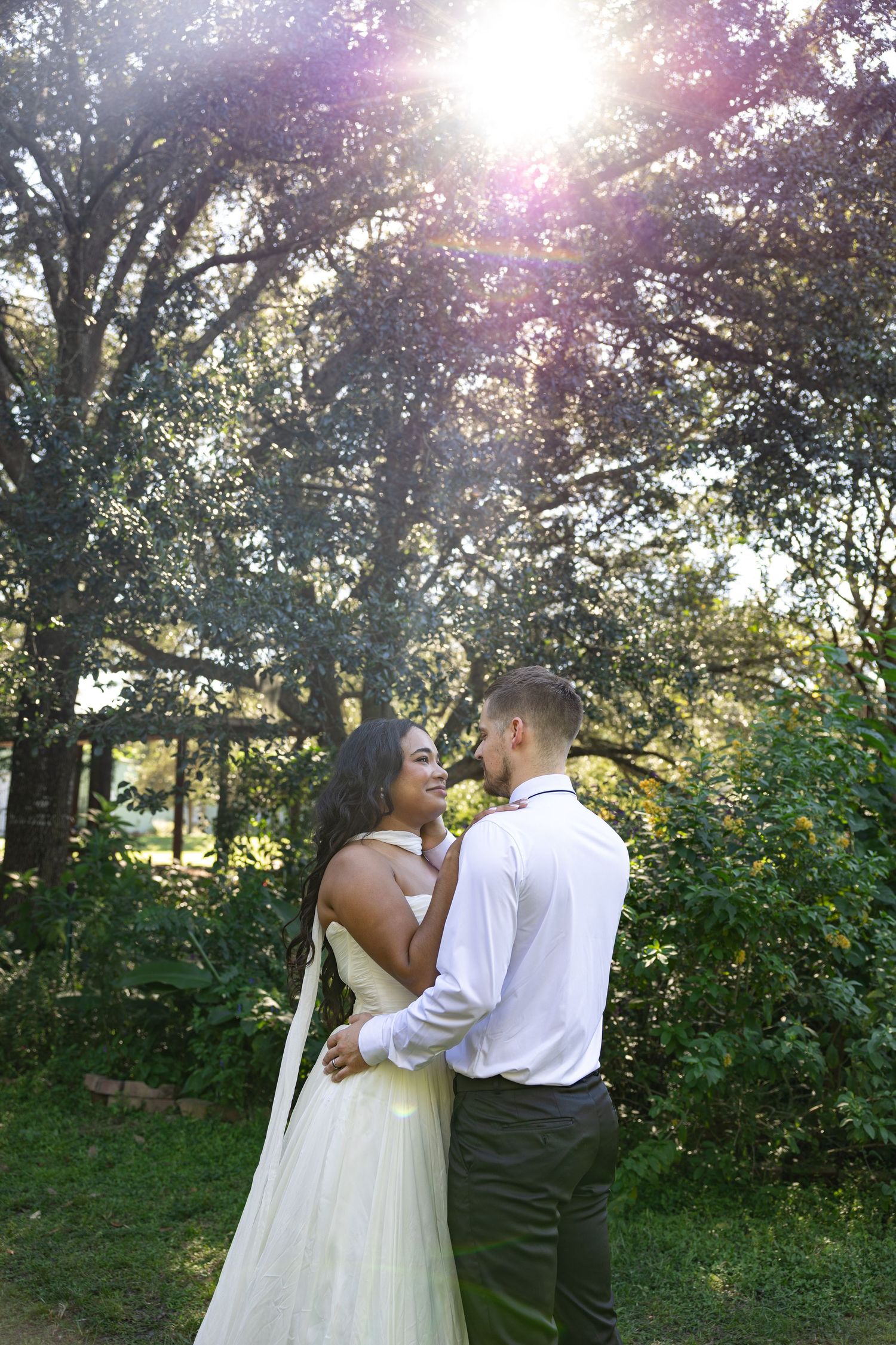 Bride and groom embrace in sunlit garden, sharing romantic moment surrounded by lush green trees on their wedding day.
