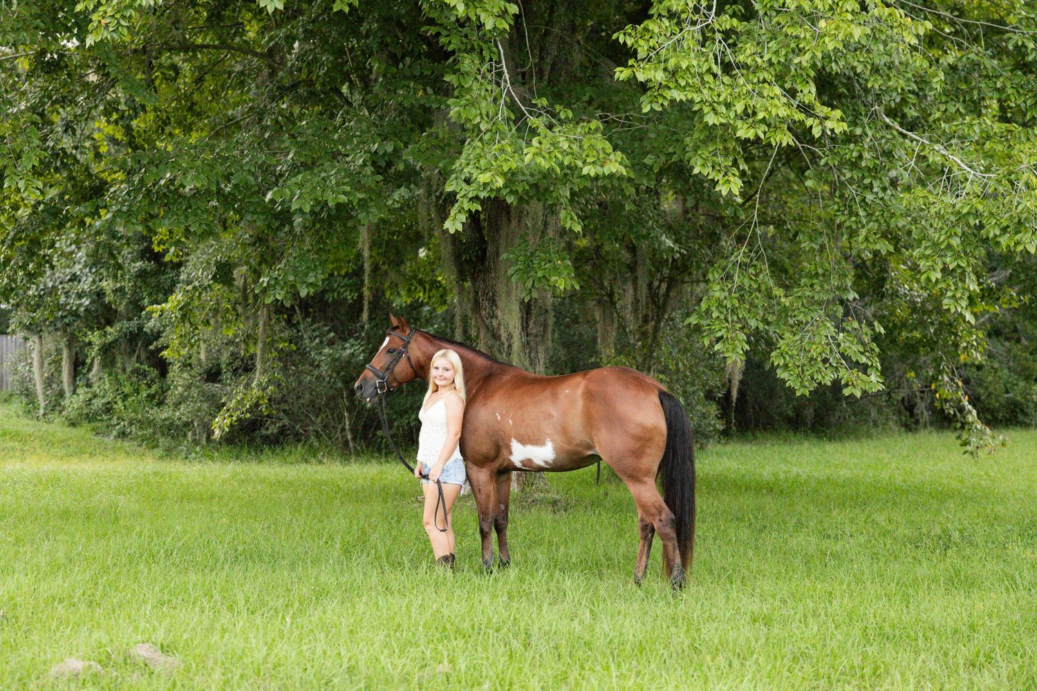 A young blonde girl stands beside a brown horse in a lush green pasture with large trees in the background.