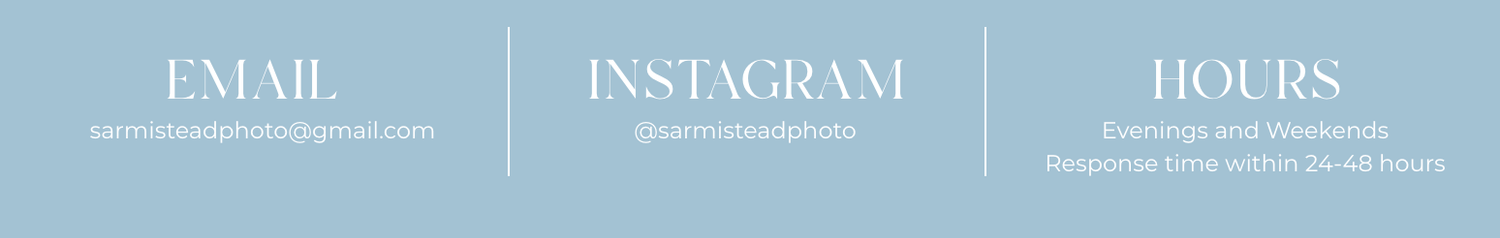 Light blue contact banner listing an email address, an Instagram handle, and business hours with evenings and weekends available.