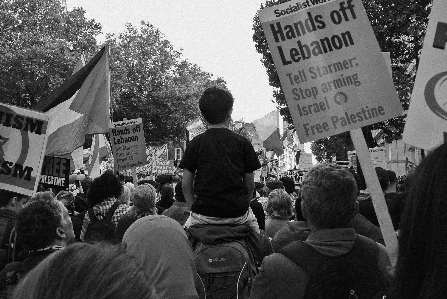 Flags and signs in the crowd of a Palestine demonstration, London