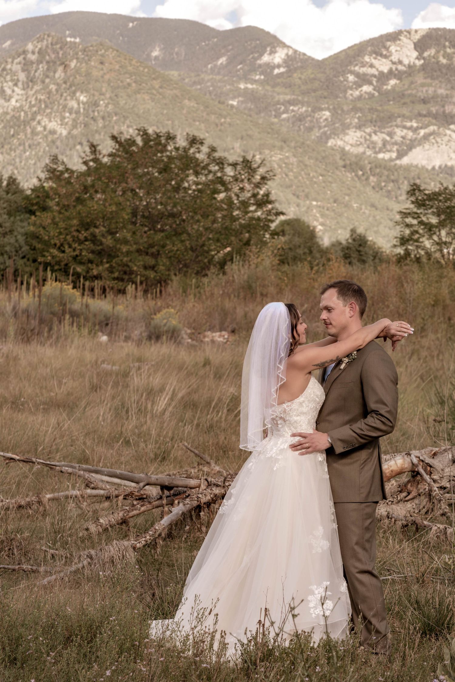 Bride in a lace wedding gown and veil embraces her groom in a brown suit in a grassy mountain meadow with fallen branches.