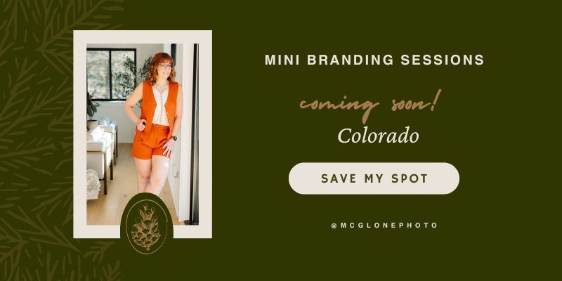 Green promotional banner for mini branding sessions in Colorado by McGlone Photo featuring a woman in an orange outfit.
