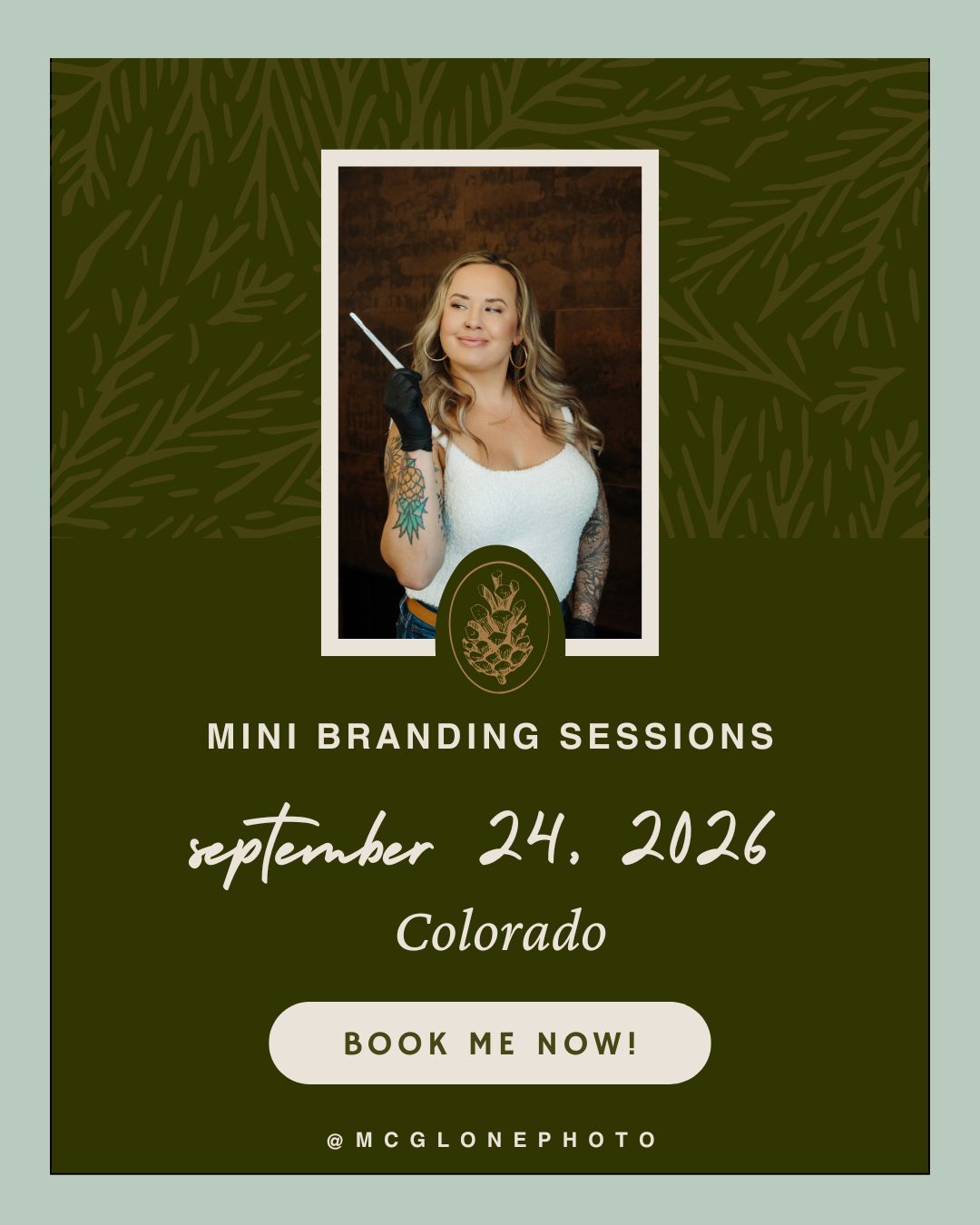 Green promotional flyer for mini branding photography sessions on September 24, 2026 in Colorado featuring a woman with tattoos.