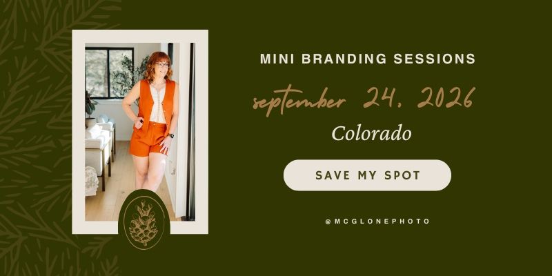 Green promotional graphic for mini branding photography sessions on September 24, 2026, in Colorado, featuring a woman in orange.