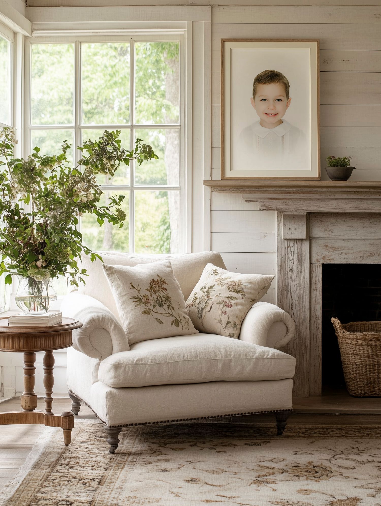 heirloom portrait framed on wall in cottage core home