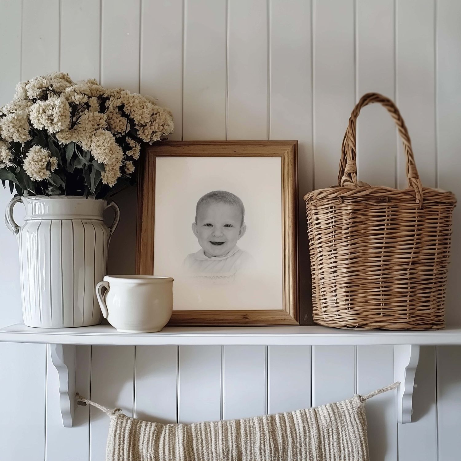 heirloom portrait of little boy smiling in black and white on the shelf