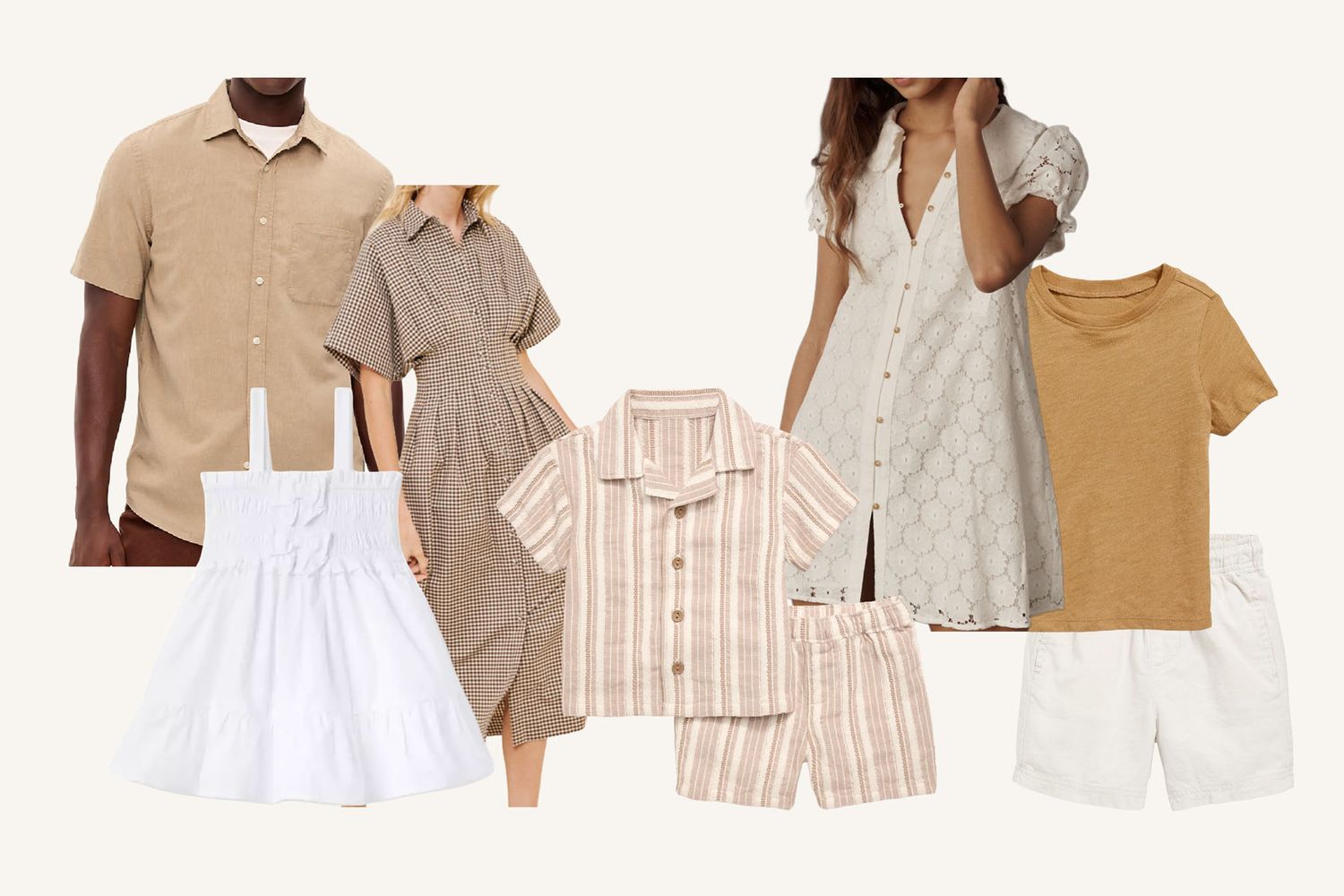 Neutral-toned family matching outfits including linen shirt, gingham dress, striped pajamas, eyelet top, and white shorts.