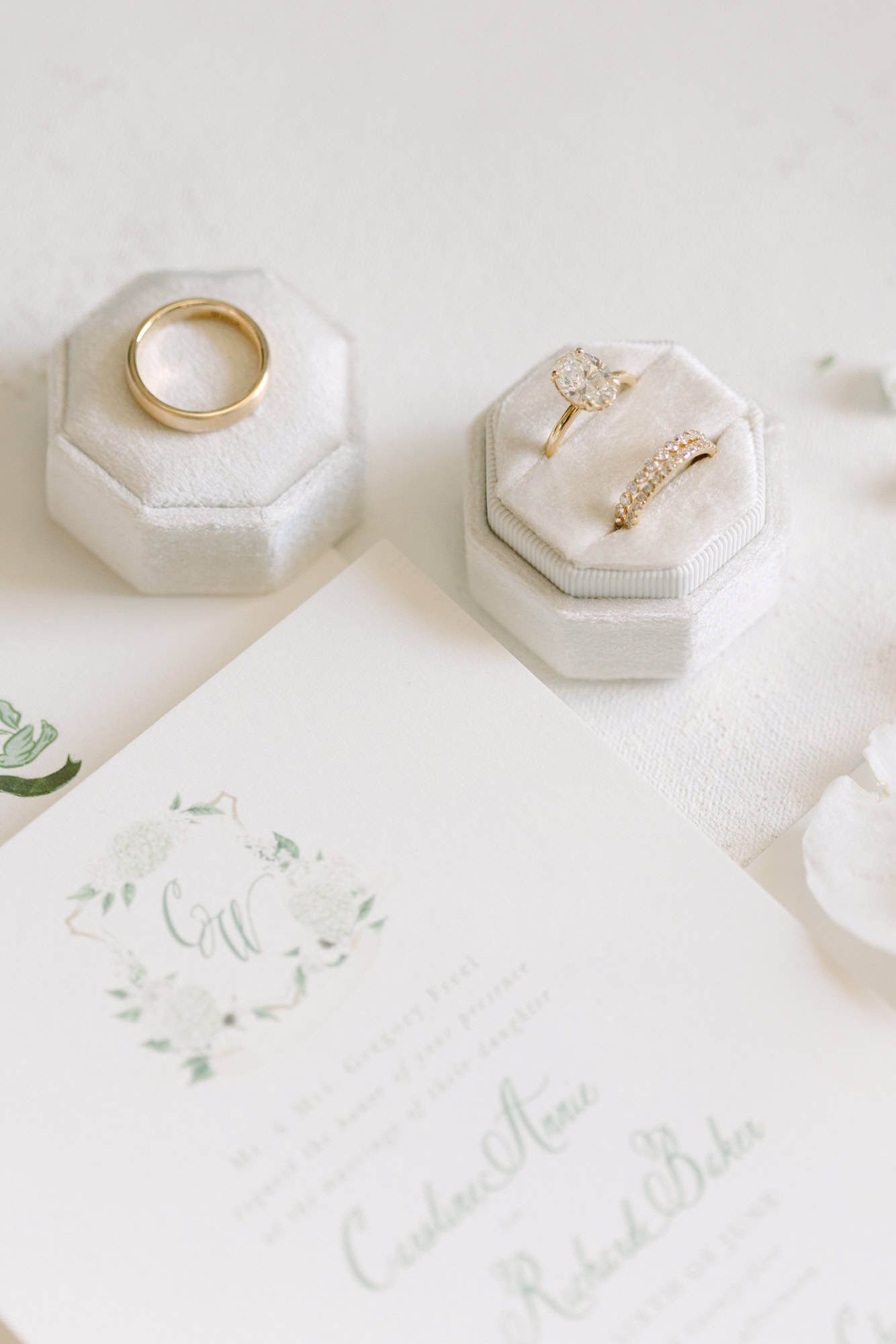 flat lay of wedding bands and invitation