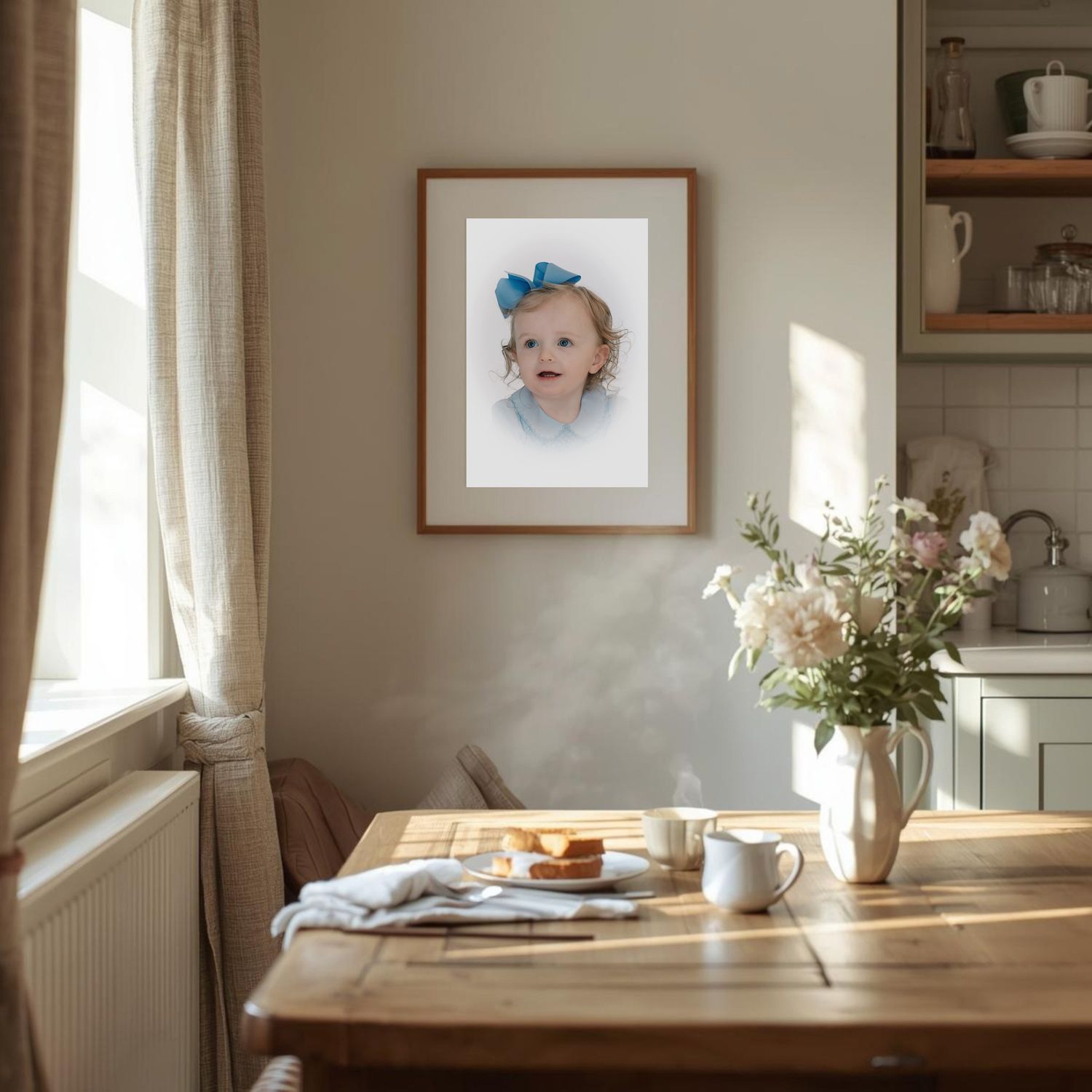 heirloom portrait of little girl with bow framed in dining nook