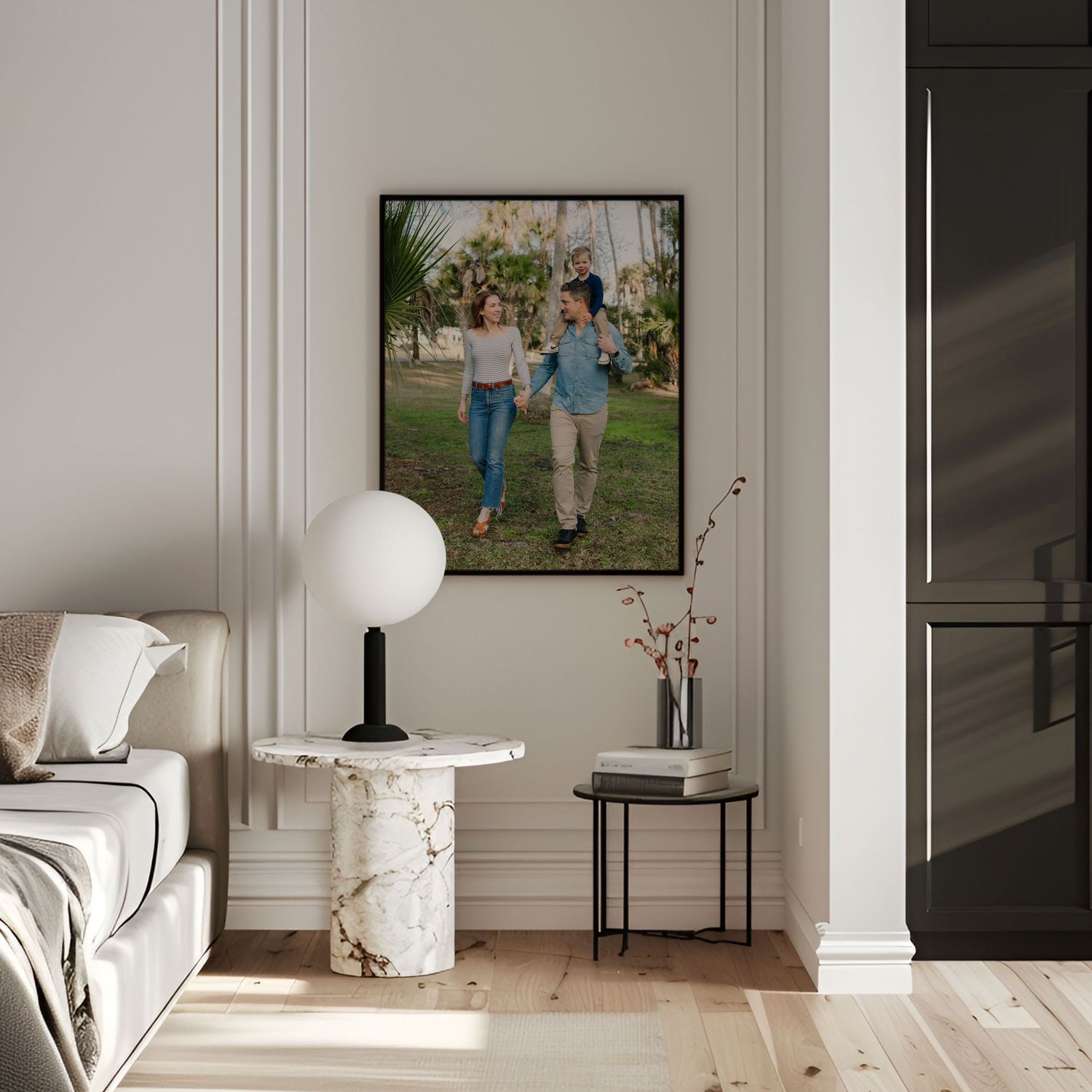 framed family photo in the bedroom