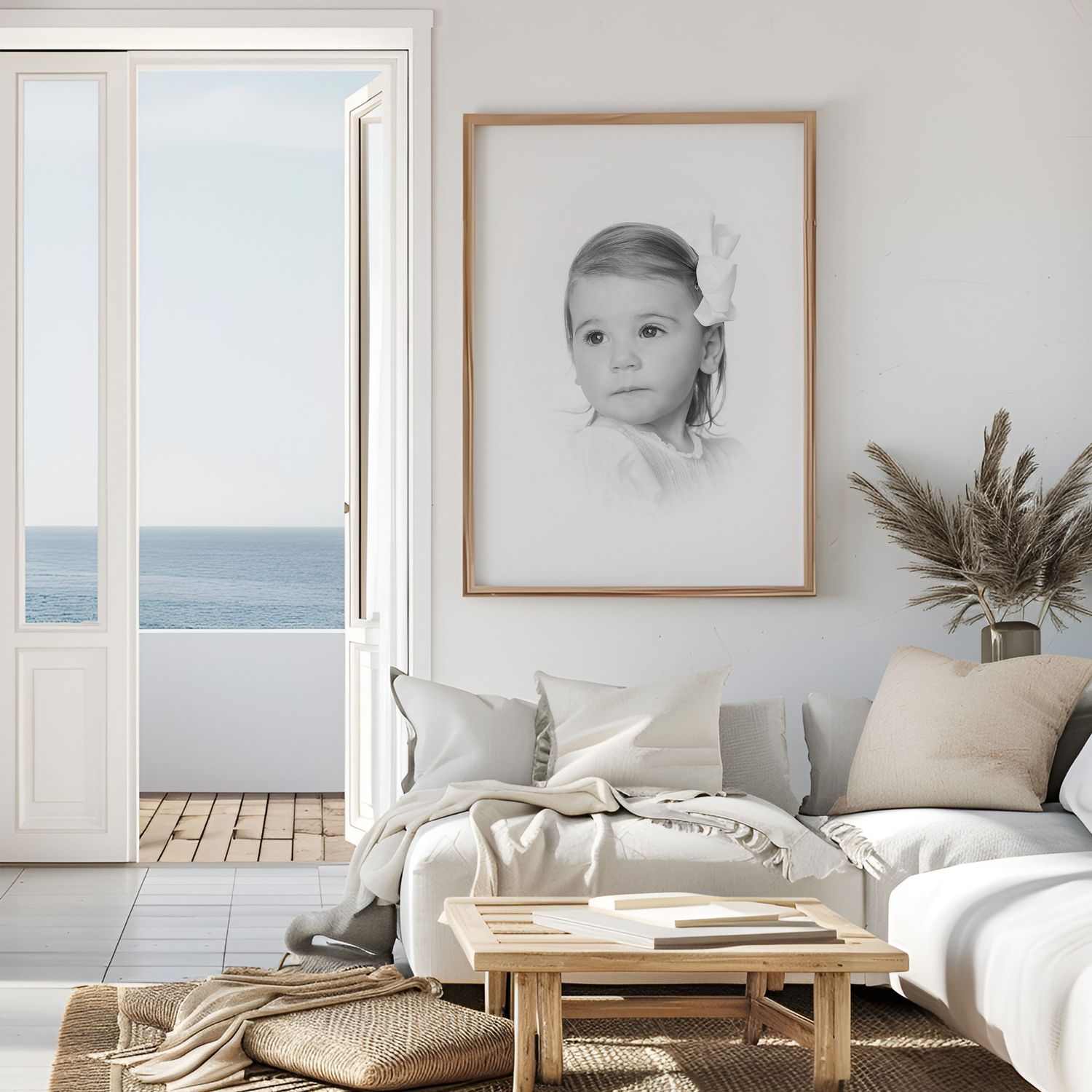 heirloom portrait framed on wall in a coastal home