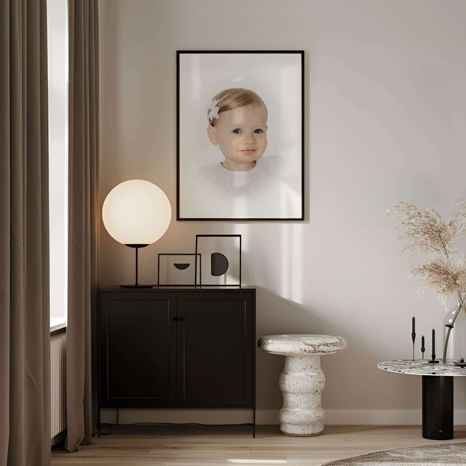 framed heirloom portrait of baby girl in a living room
