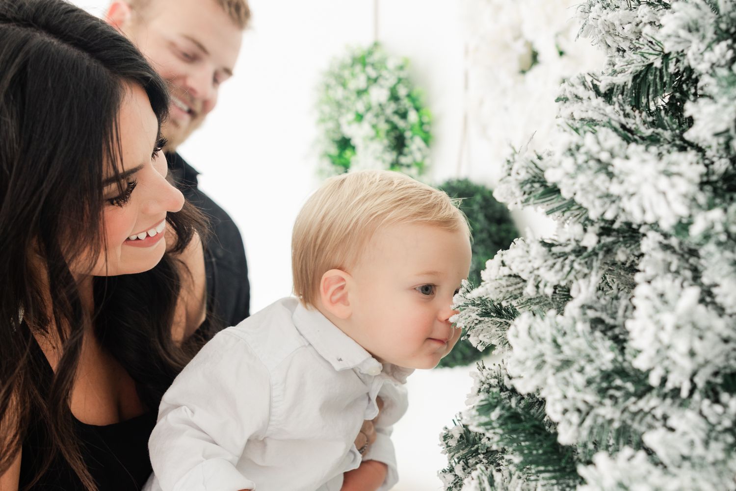 little boy smelling Christmas tree