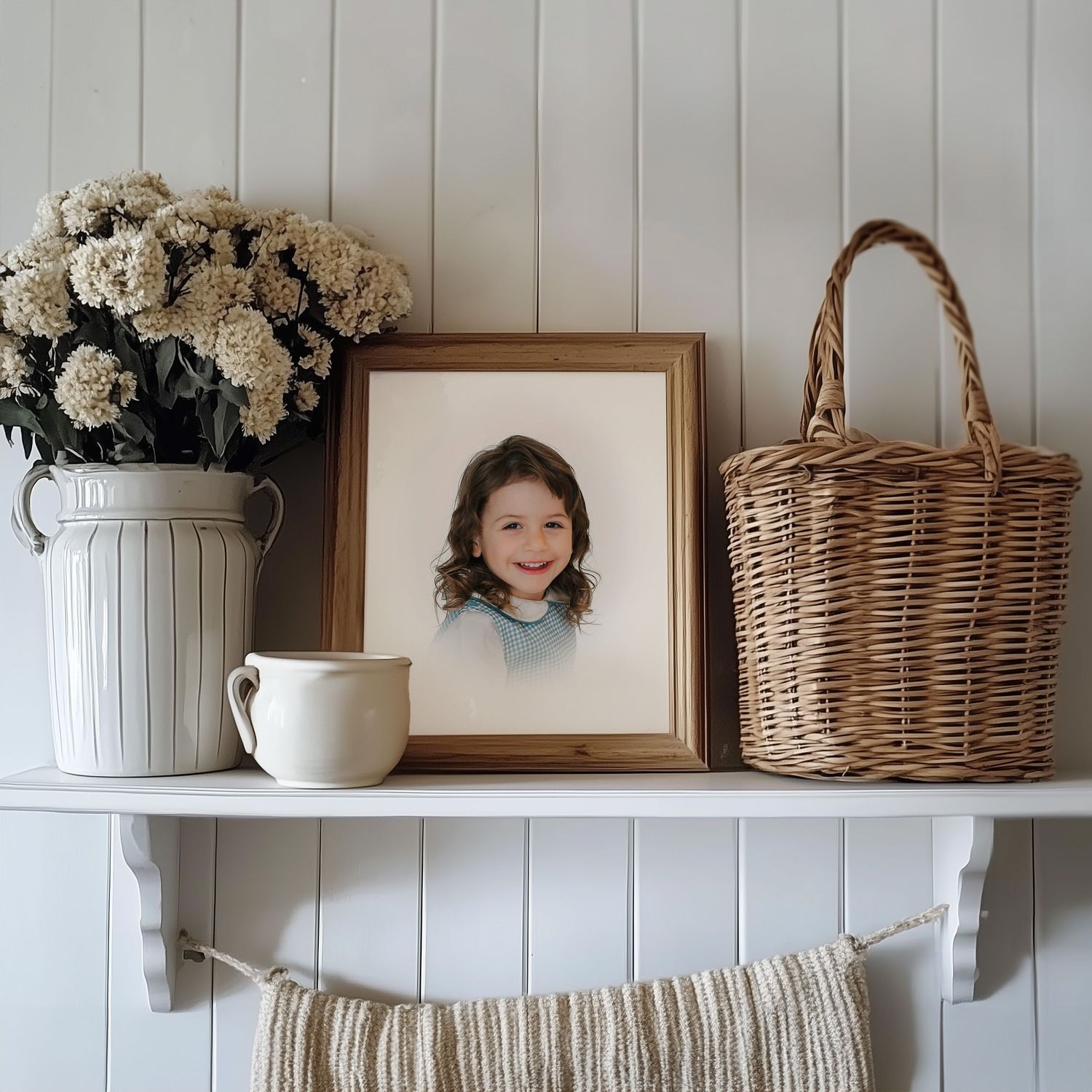 heirloom portrait framed on mantle with vase of flowers