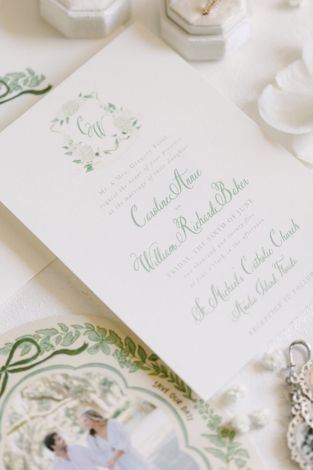 flat lay of wedding invitation