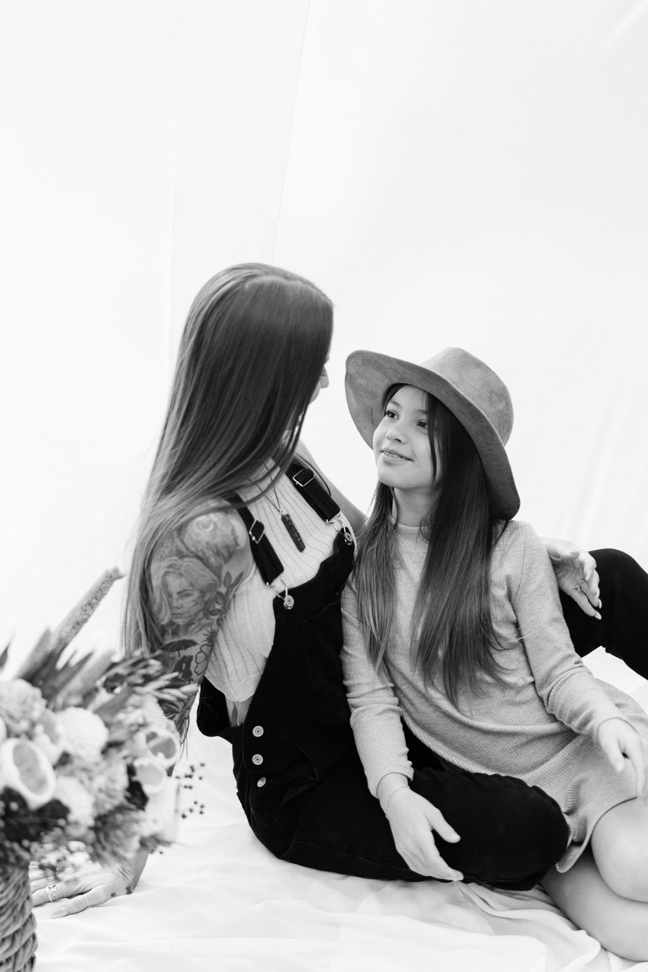 black and white image of mom and daughter