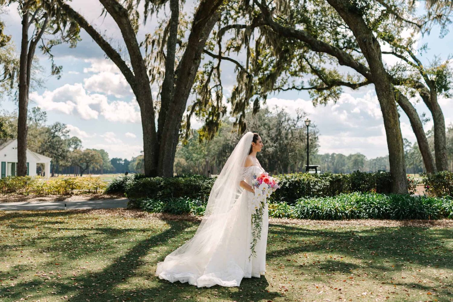 bride standing on gradd looking away in front of big arching trees