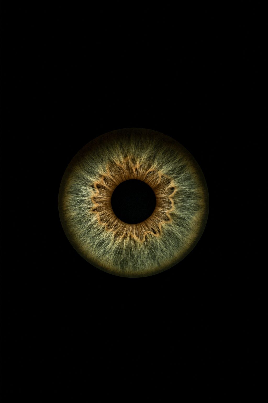 Four macro photographs showing a human iris transitioning from fully dilated to constricted in a dark background.