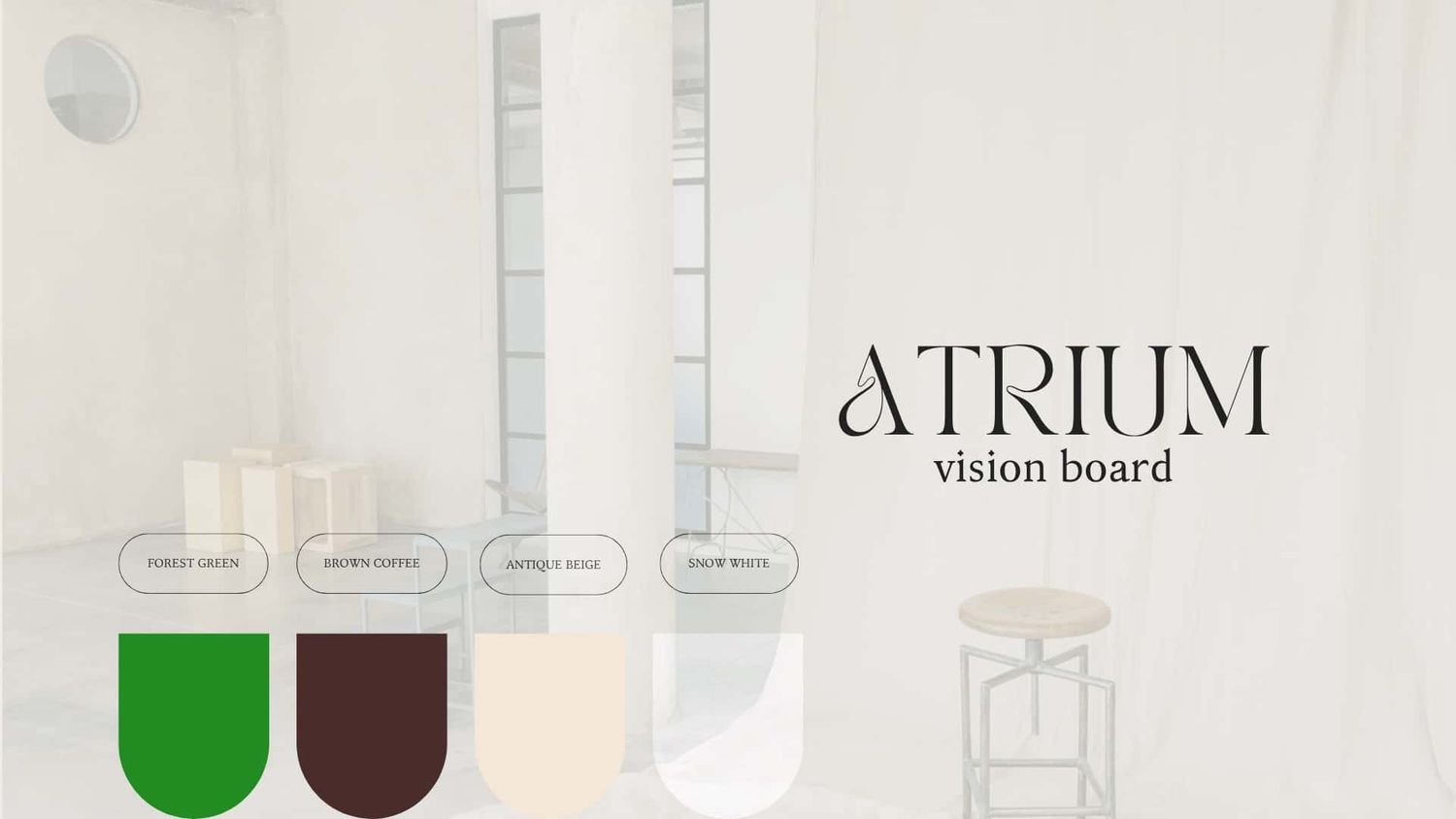 Atrium vision board featuring green, brown, and beige color swatches with minimalist furniture in a bright white studio space.