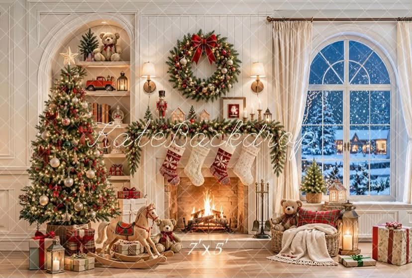 Cozy Christmas living room with decorated tree, fireplace, stockings, wreath, gifts, and snowy window view.