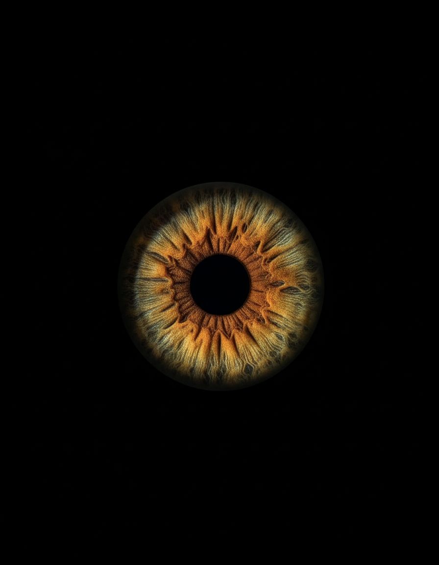 Close-up macro photograph of a golden brown human iris with intricate patterns against a black background.