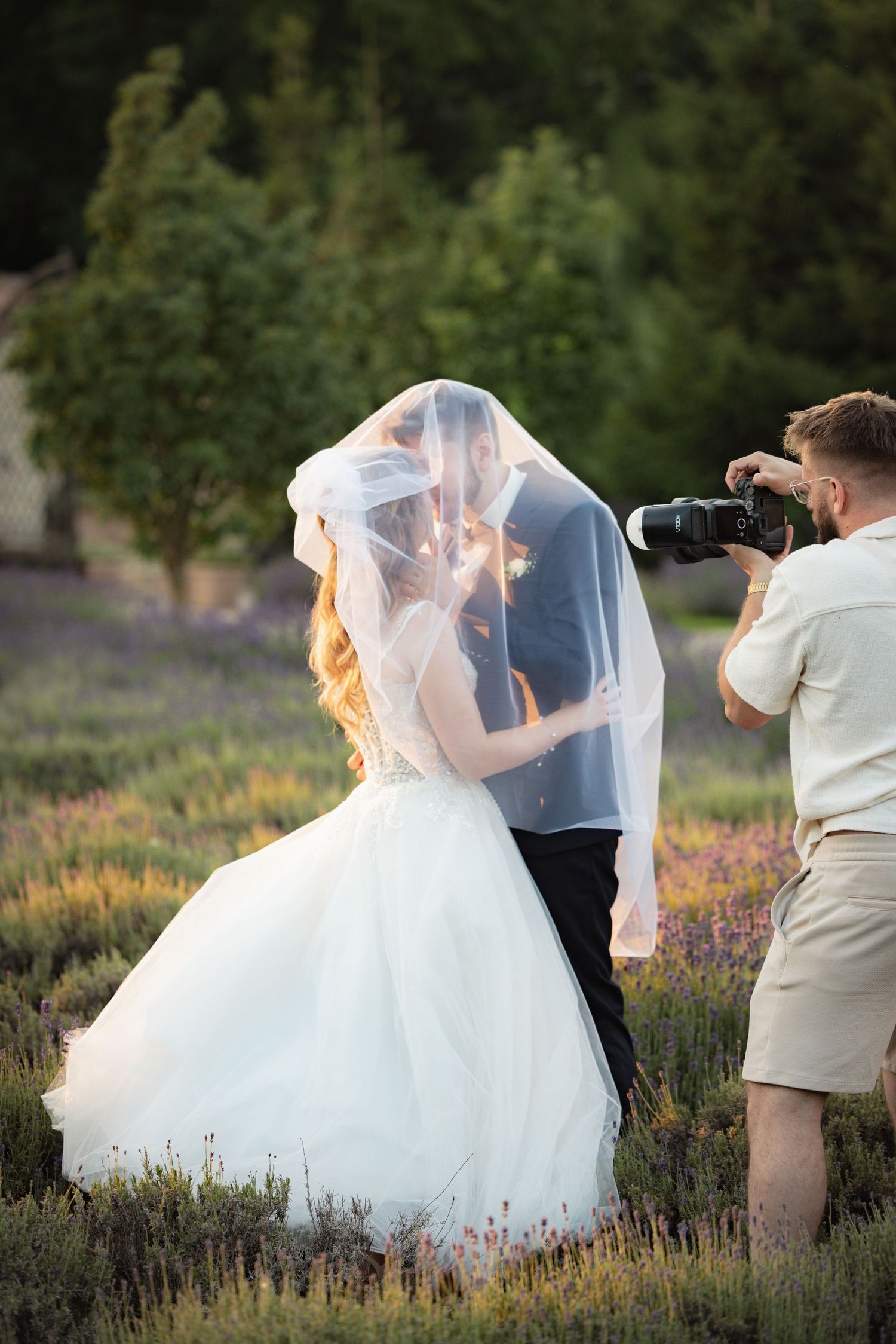 Photographer capturing bride and groom kissing under veil in lavender field during golden hour outdoor wedding shoot.