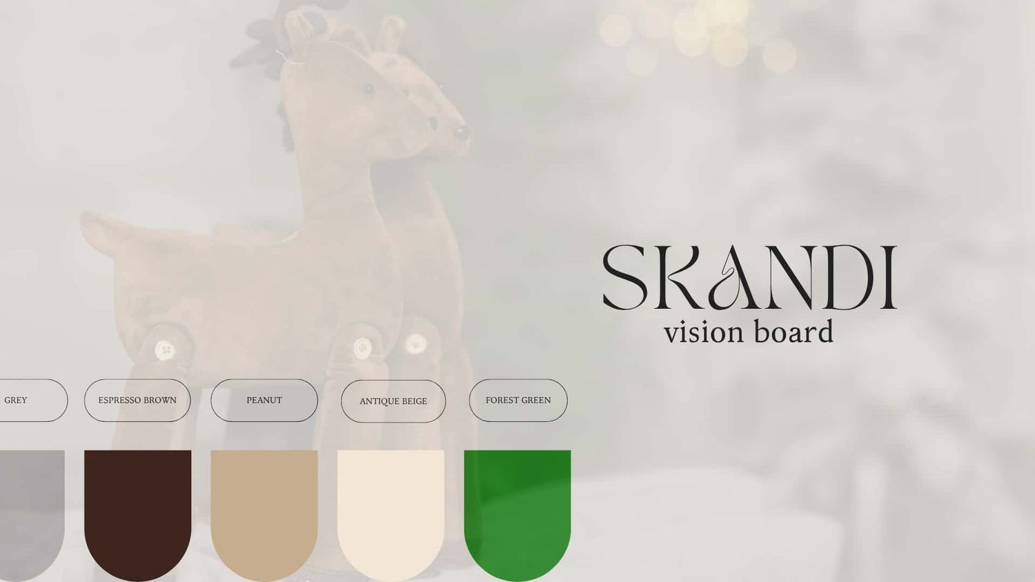 Skandi vision board featuring a neutral color palette with earthy tones, cream, dark brown, and green swatches.