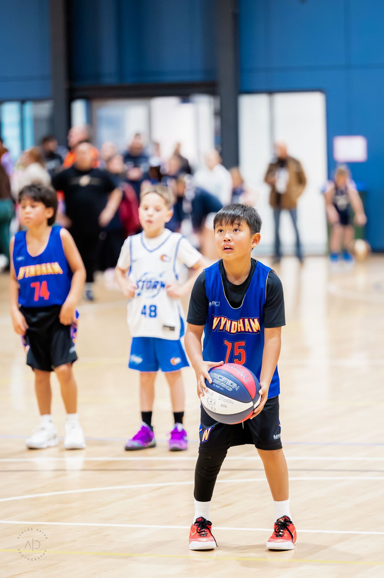 Young boy in Wyndham #75 jersey prepares to shoot a basketball during an indoor youth basketball game.