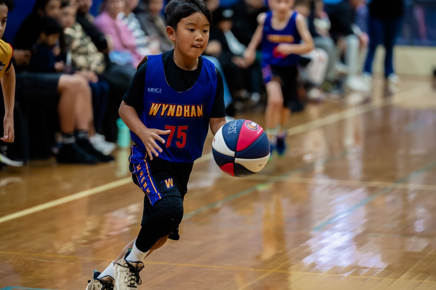 Young Wyndham basketball player dribbling ball during indoor youth game wearing blue jersey number 75.