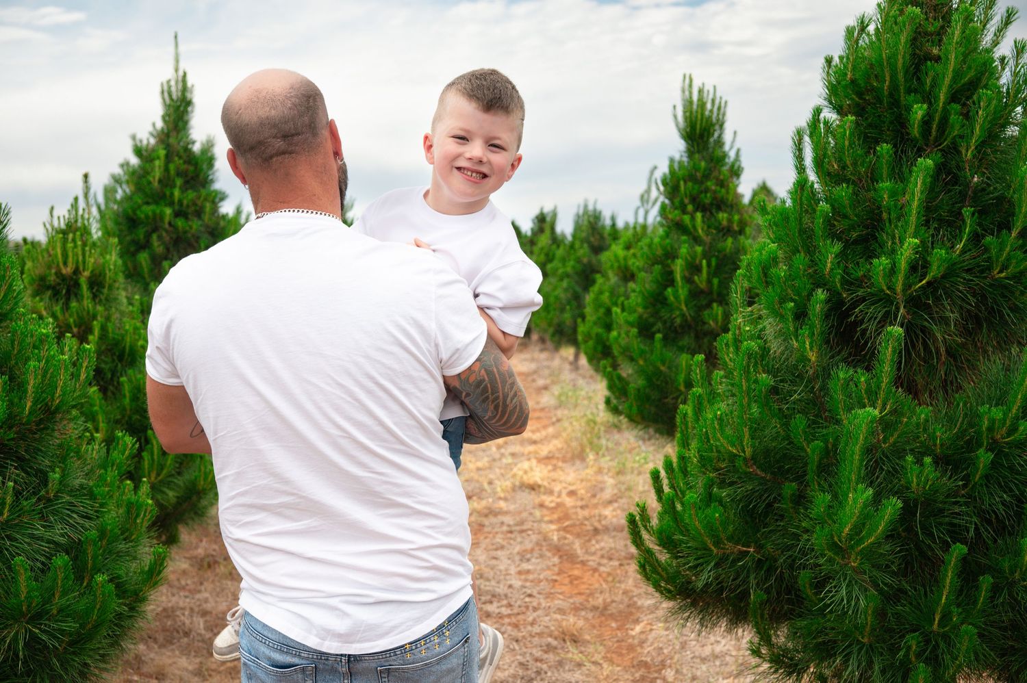People strolling through a Christmas tree farm on a bright day.
