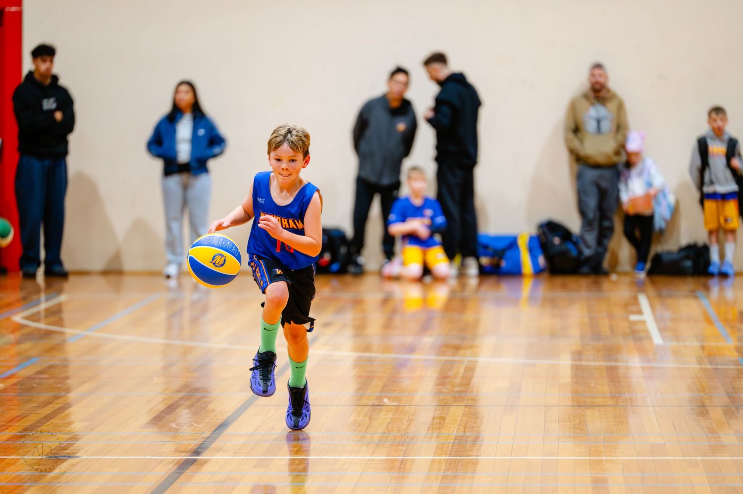 Young boy in blue jersey dribbling basketball on indoor court during youth league game.