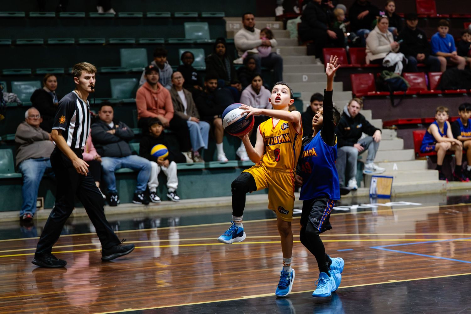 Two youth basketball players battle for the ball during an indoor game, with a referee and spectators watching.