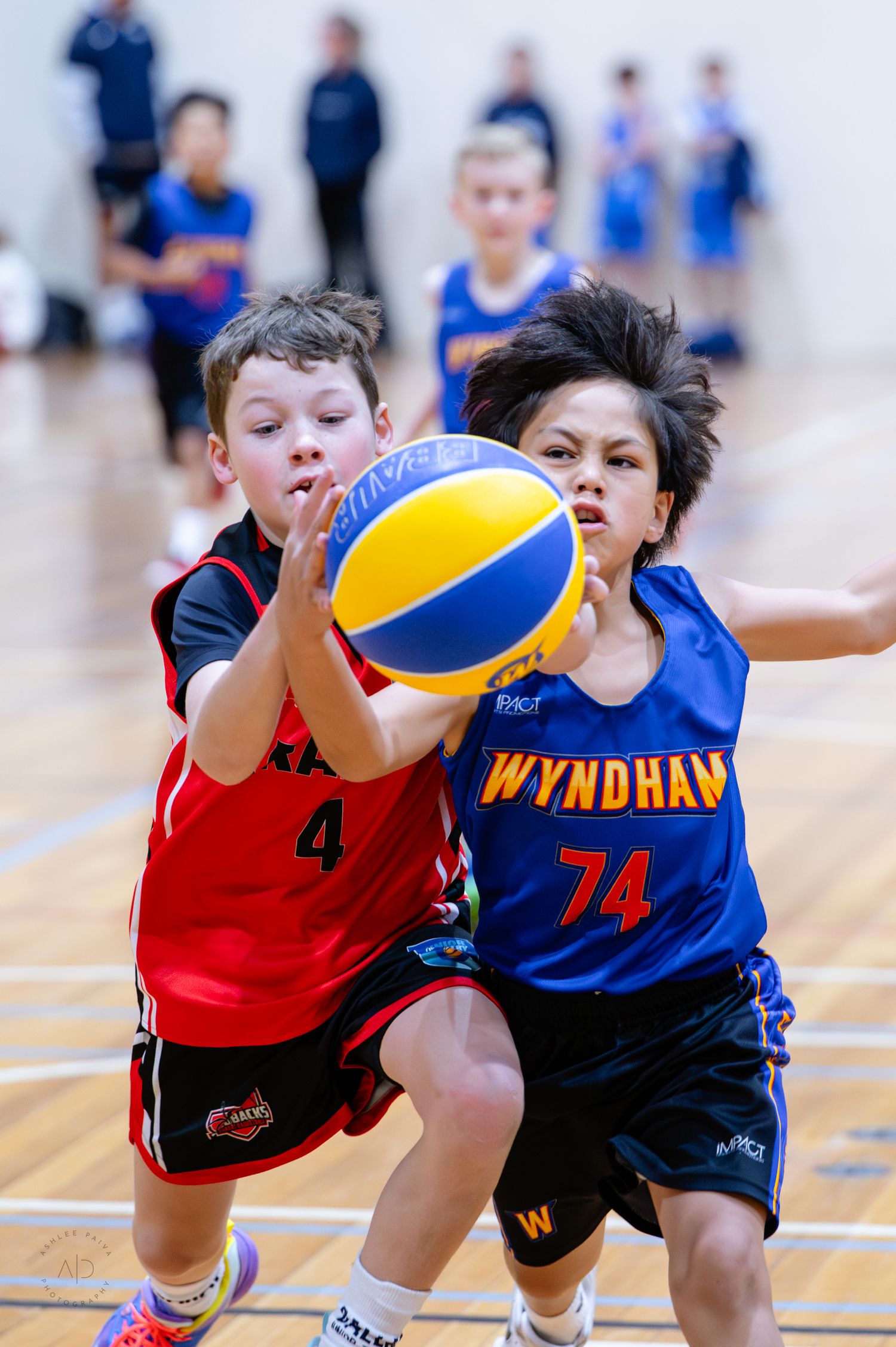 Two young boys compete for a basketball during a Wyndham youth league game on an indoor court.