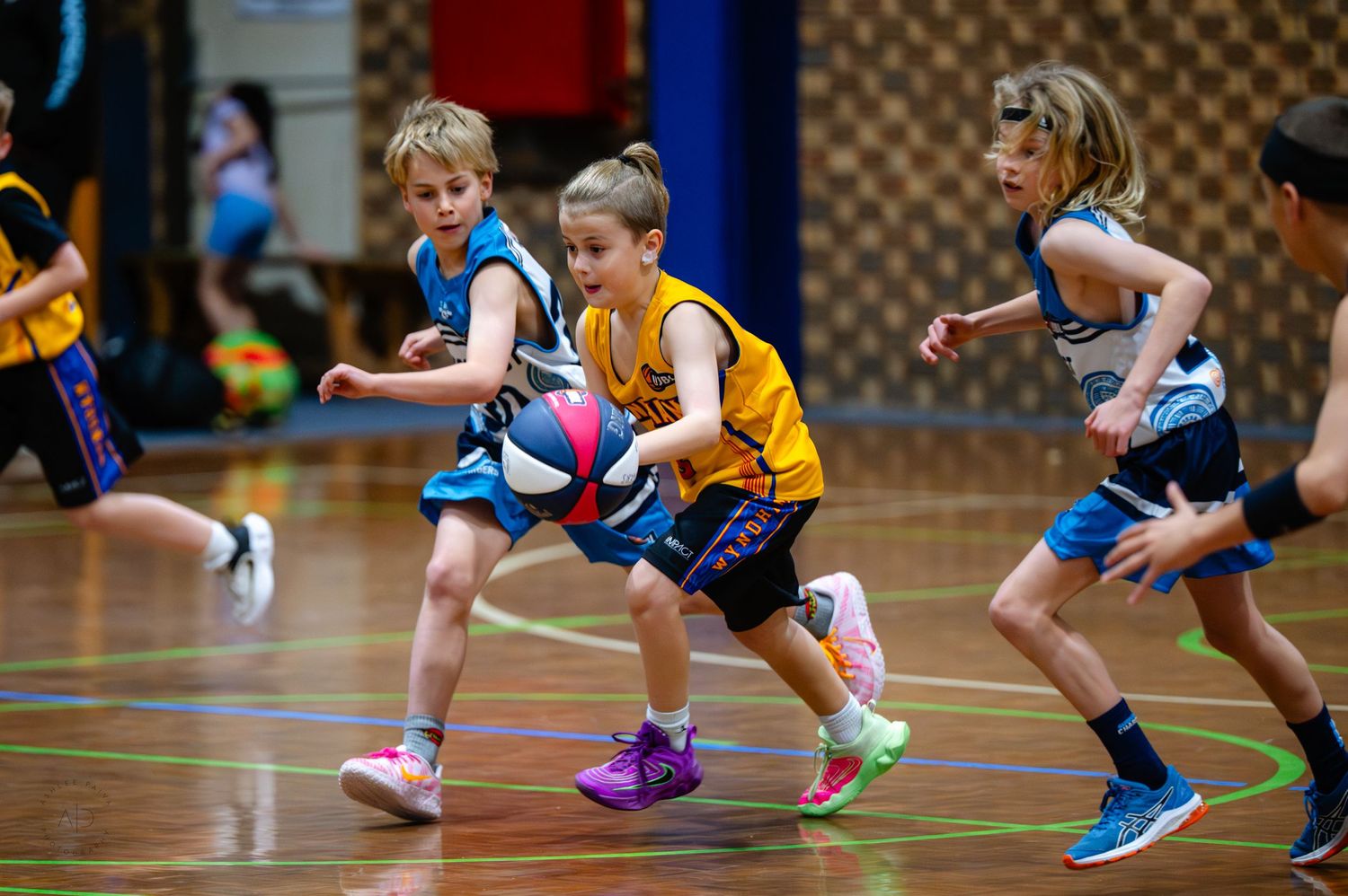 Young girls compete for basketball possession during indoor youth basketball game.