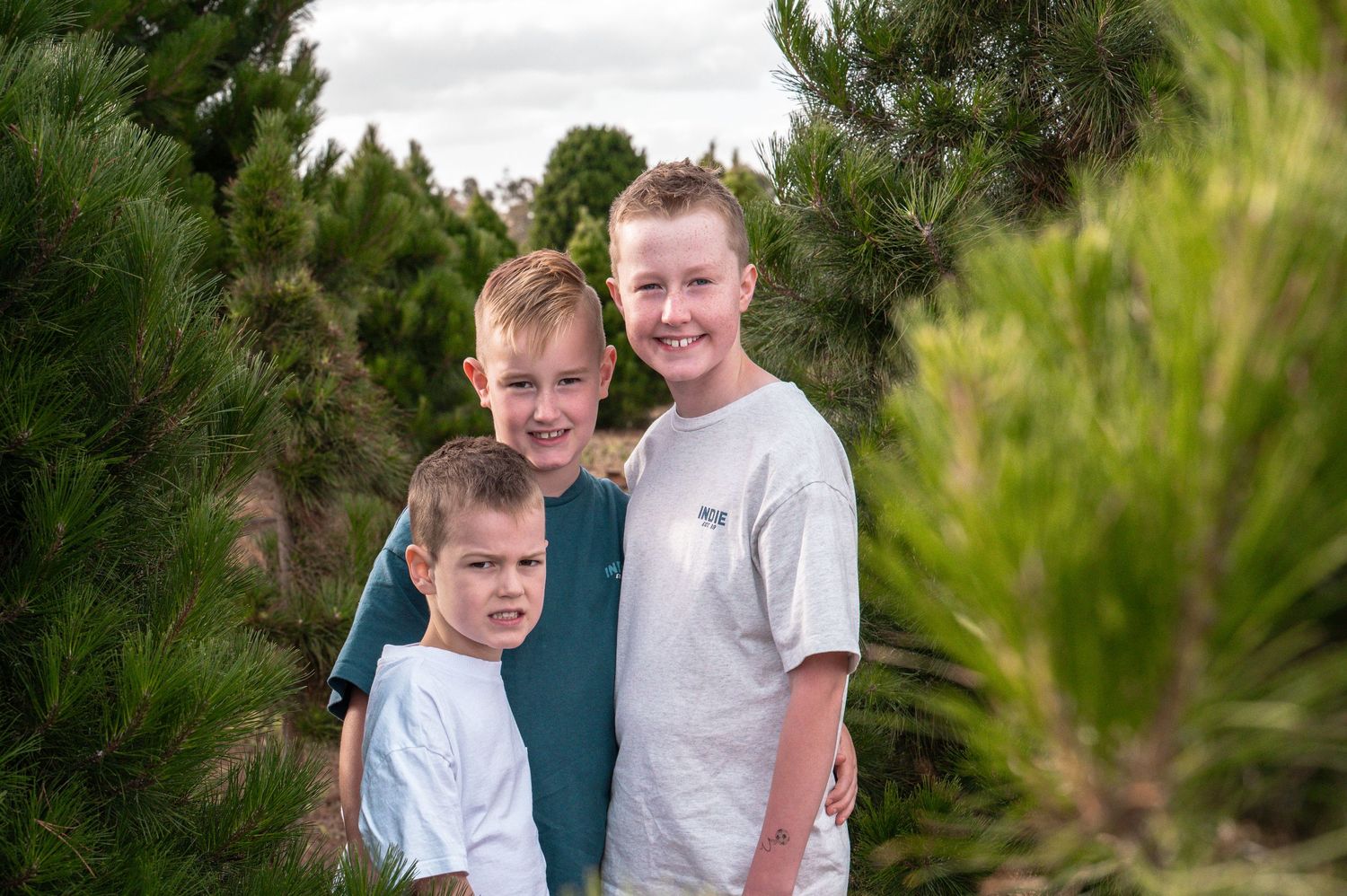 Family members smiling together at Christmas tree farm during golden hour.