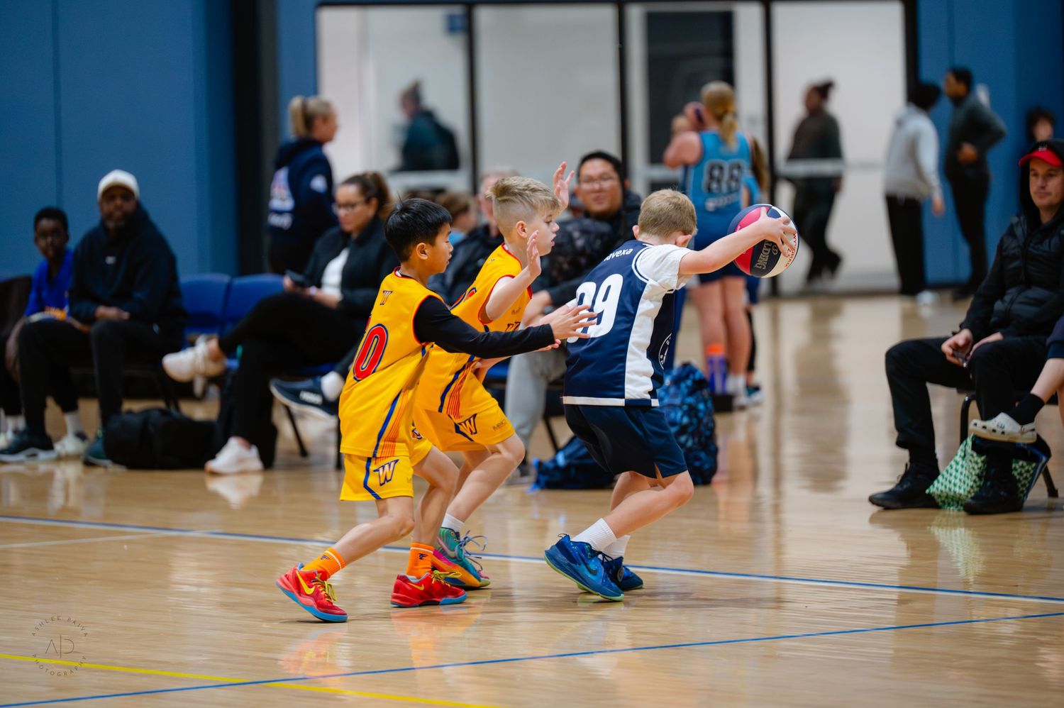Young boys playing indoor basketball game, dribbling and defending in colorful uniforms on a gymnasium court.