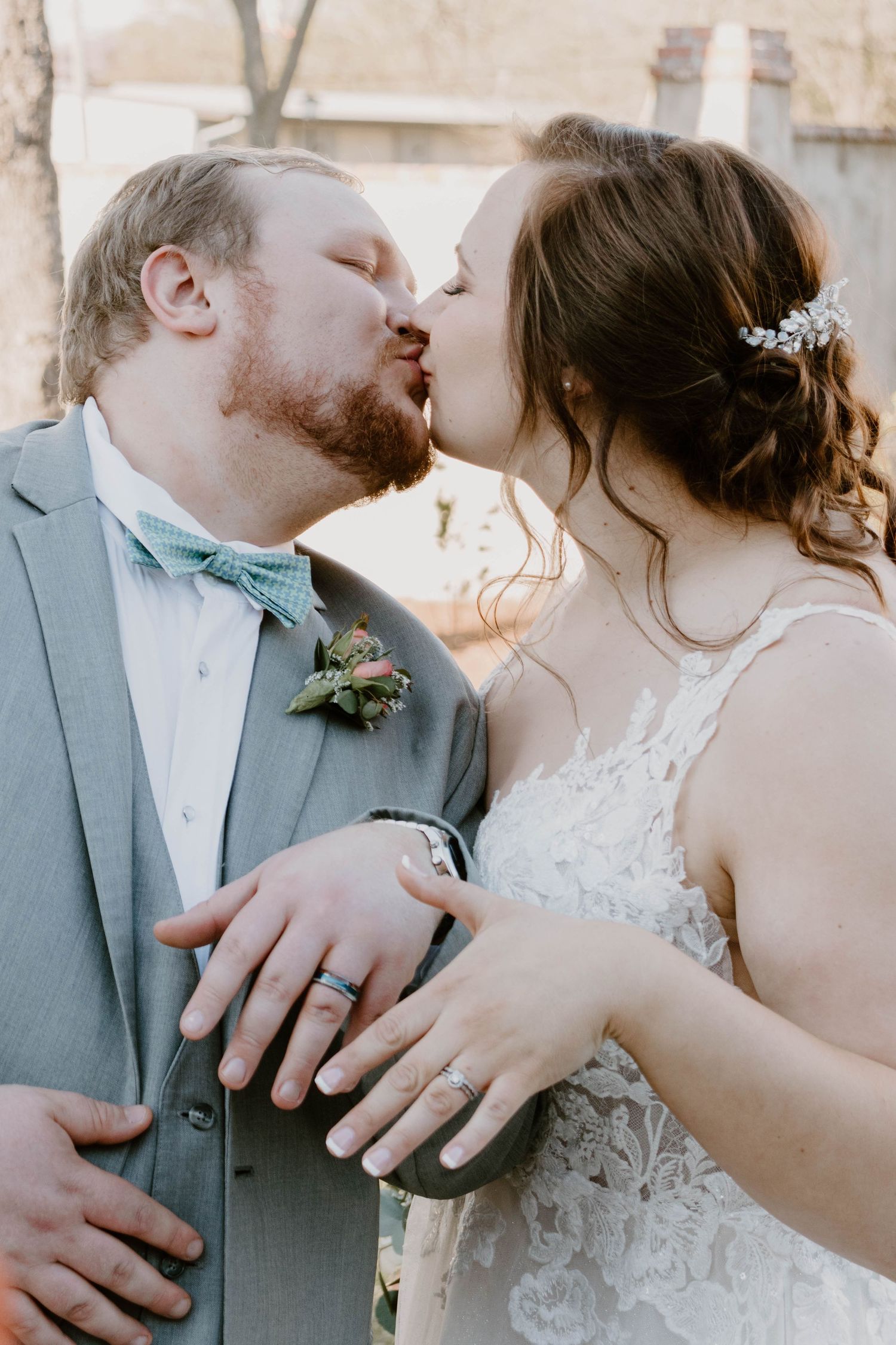 Intimate wedding photography sequence showing close-up romantic moments in formal attire.