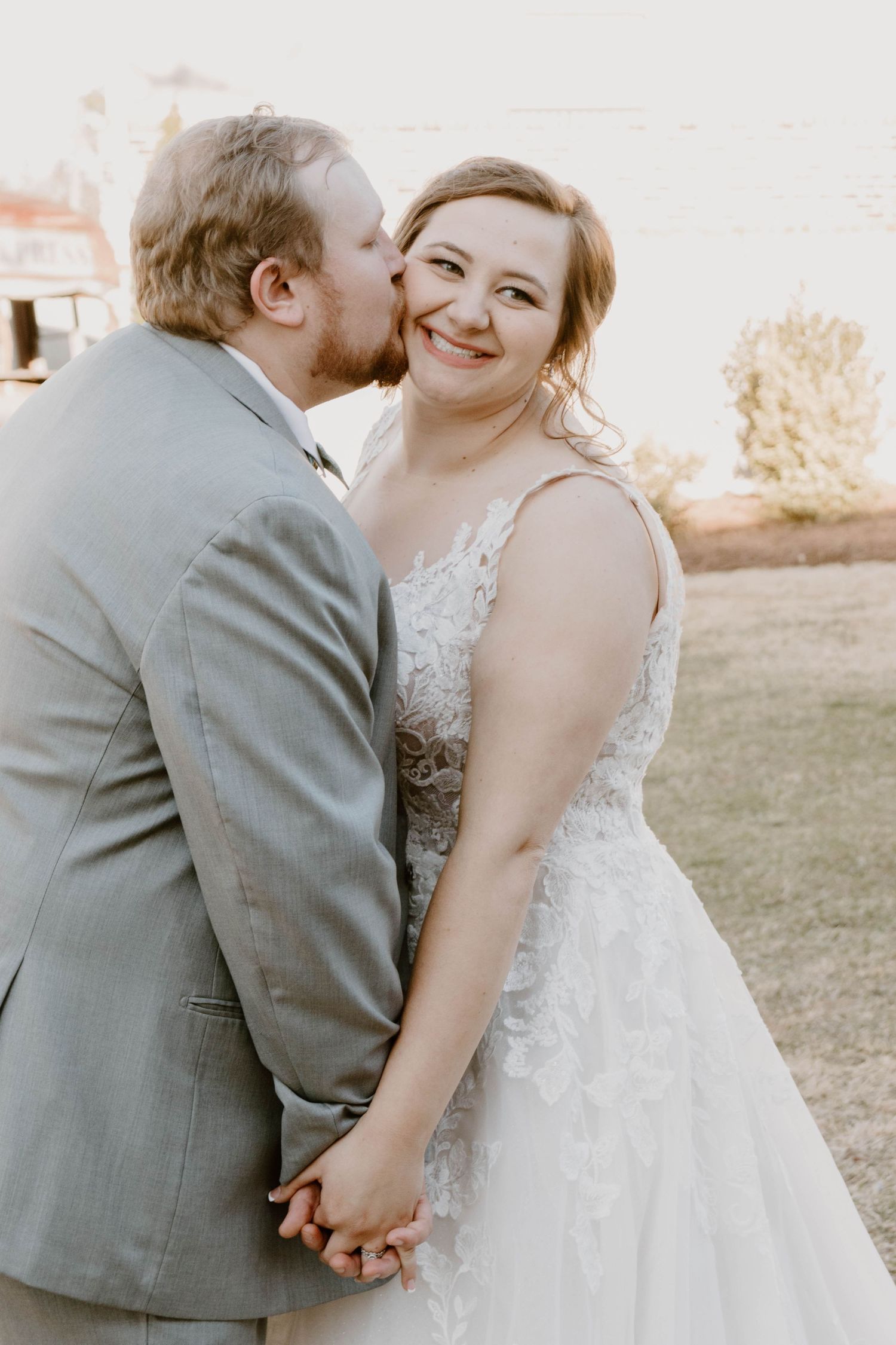 Candid wedding moment captured in a series showing tender interaction between newlyweds outdoors.
