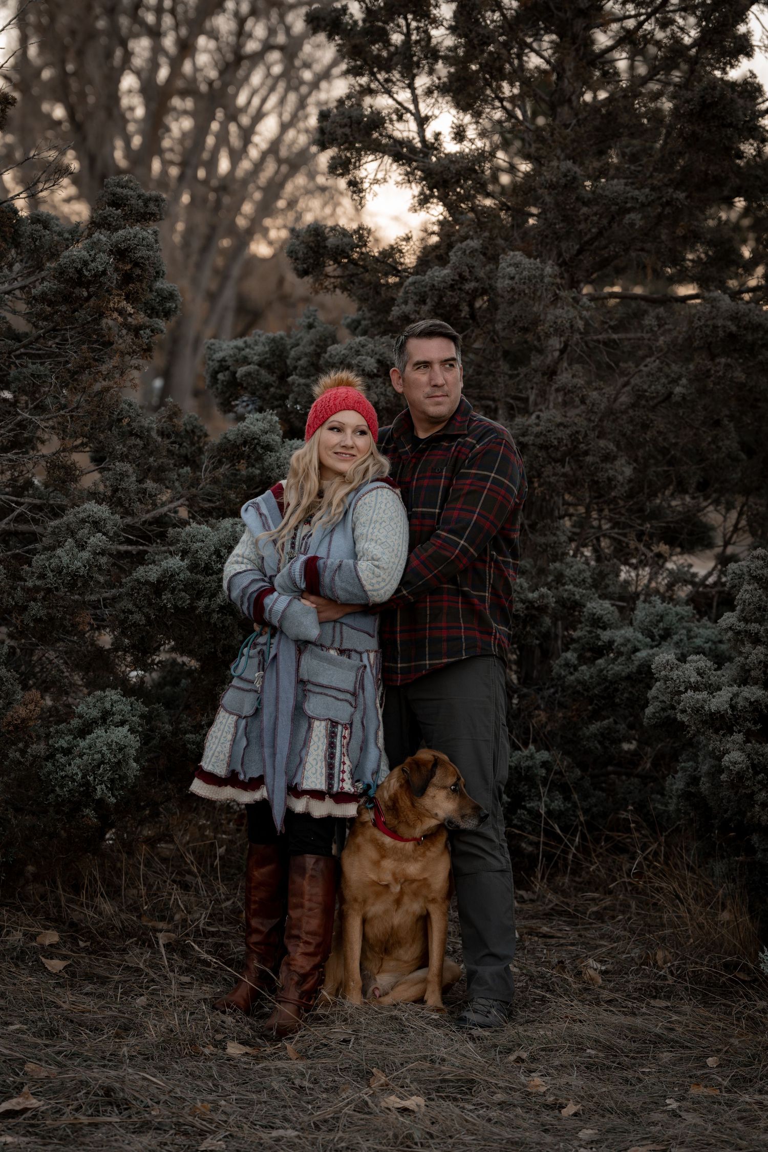 A couple stands with their golden retriever dog in front of evergreen trees at dusk.