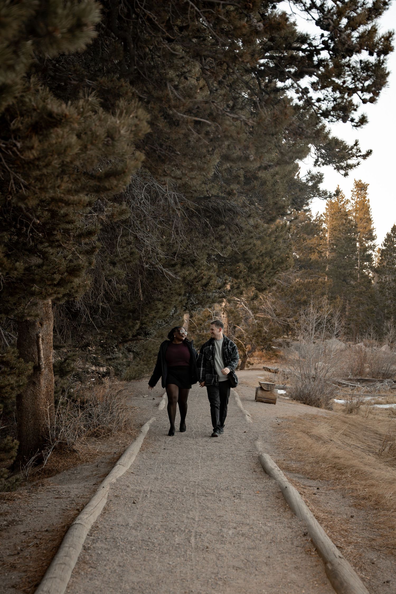 Two people walking together on a paved path through a pine forest during golden hour.