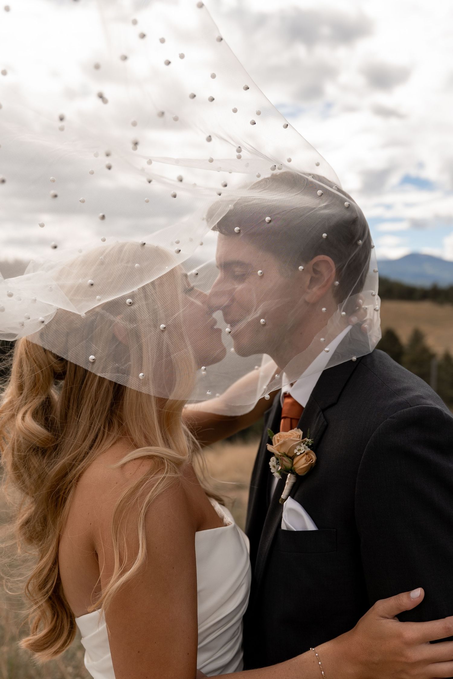 Intimate wedding portraits captured through a delicate veil against a mountain backdrop.